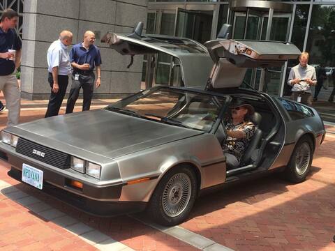 Larry Wall, author of Perl, checking out perl-powered DeLorean